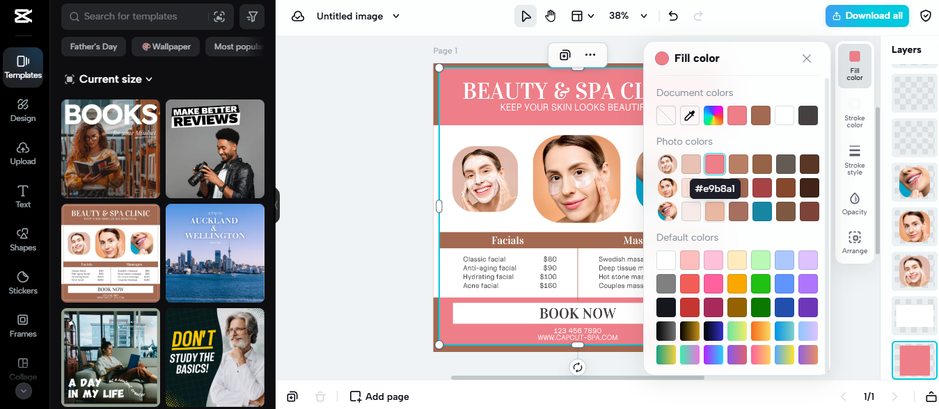 CapCut Commerce Pro showing an email marketing design for a beauty and spa clinic promo with customizable colors.